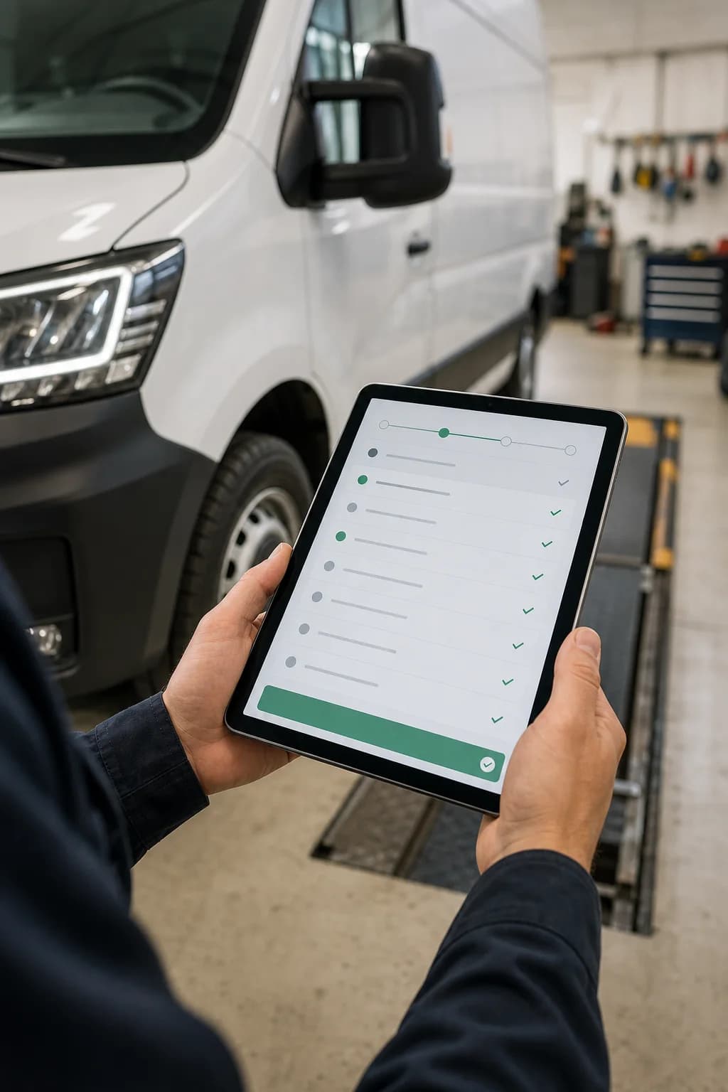 Checklist véhicule affichée sur une tablette dans un atelier