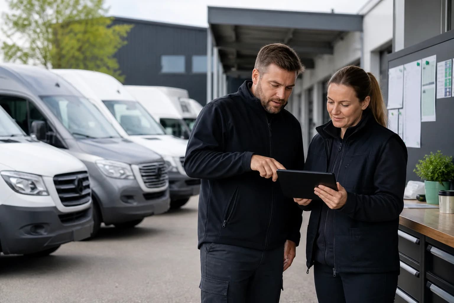 Responsables de flotte consultant une tablette devant plusieurs véhicules utilitaires