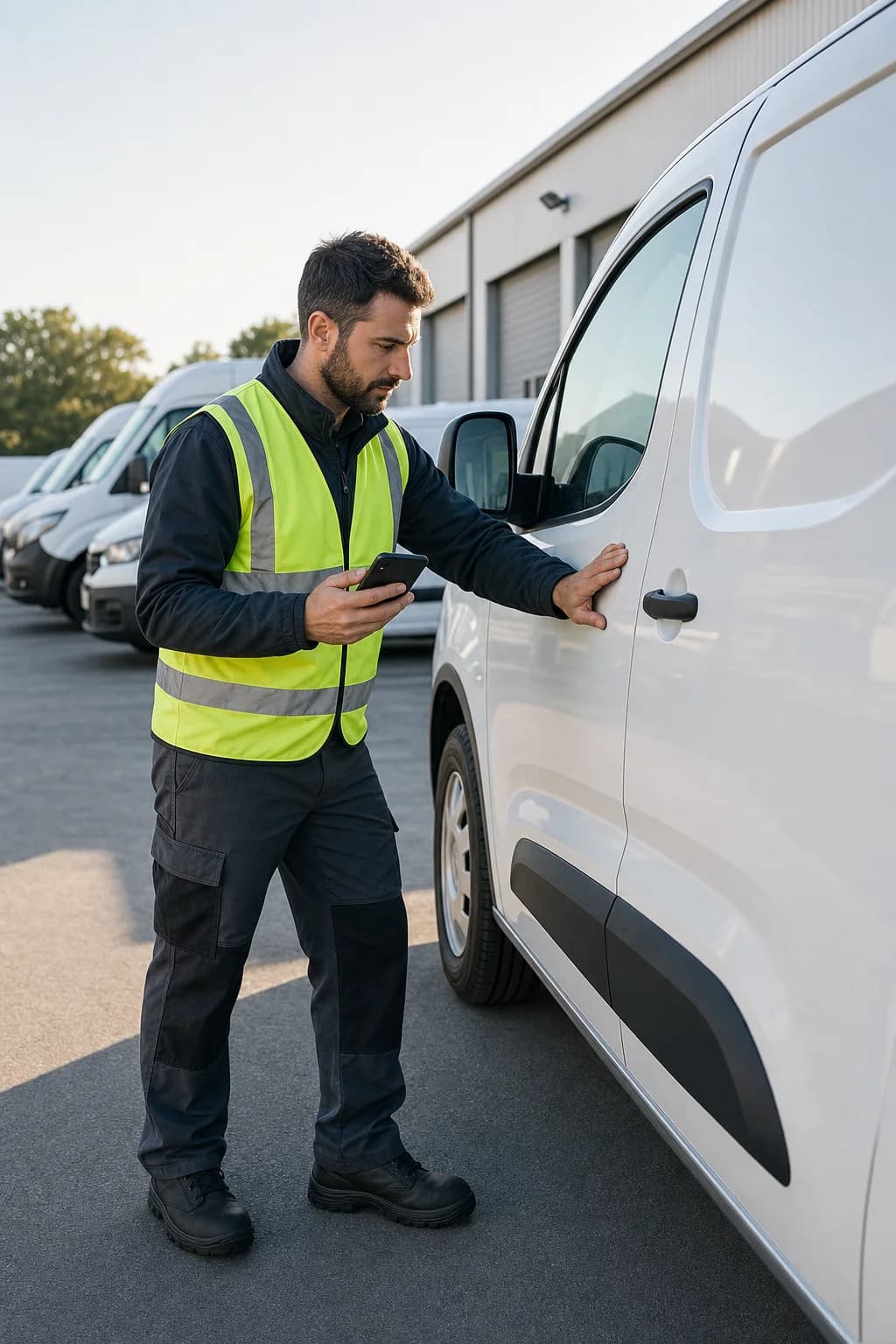 Opérateur effectuant le contrôle d’un véhicule utilitaire avec son téléphone